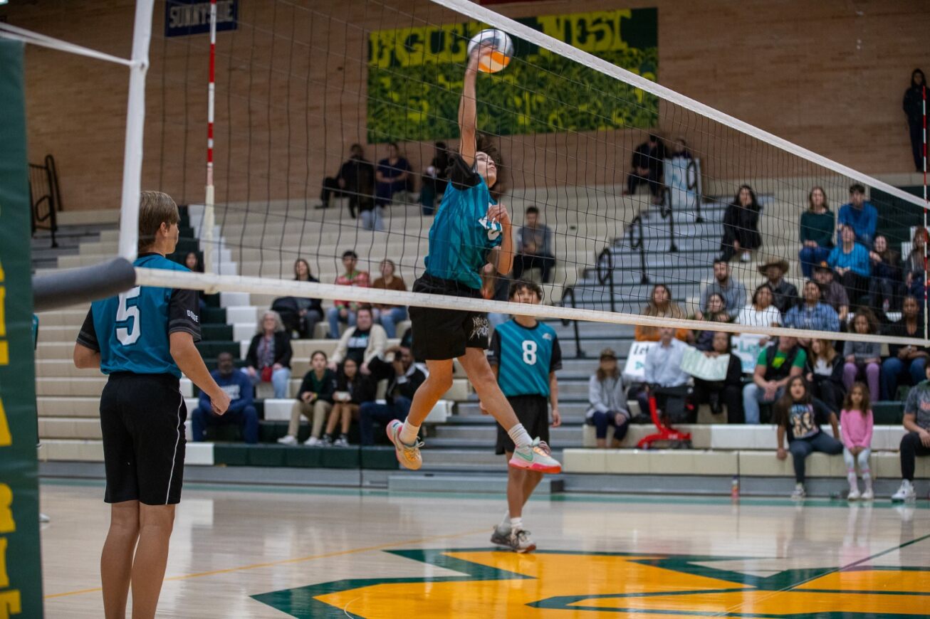 A Dodge player spikes the ball over the net
